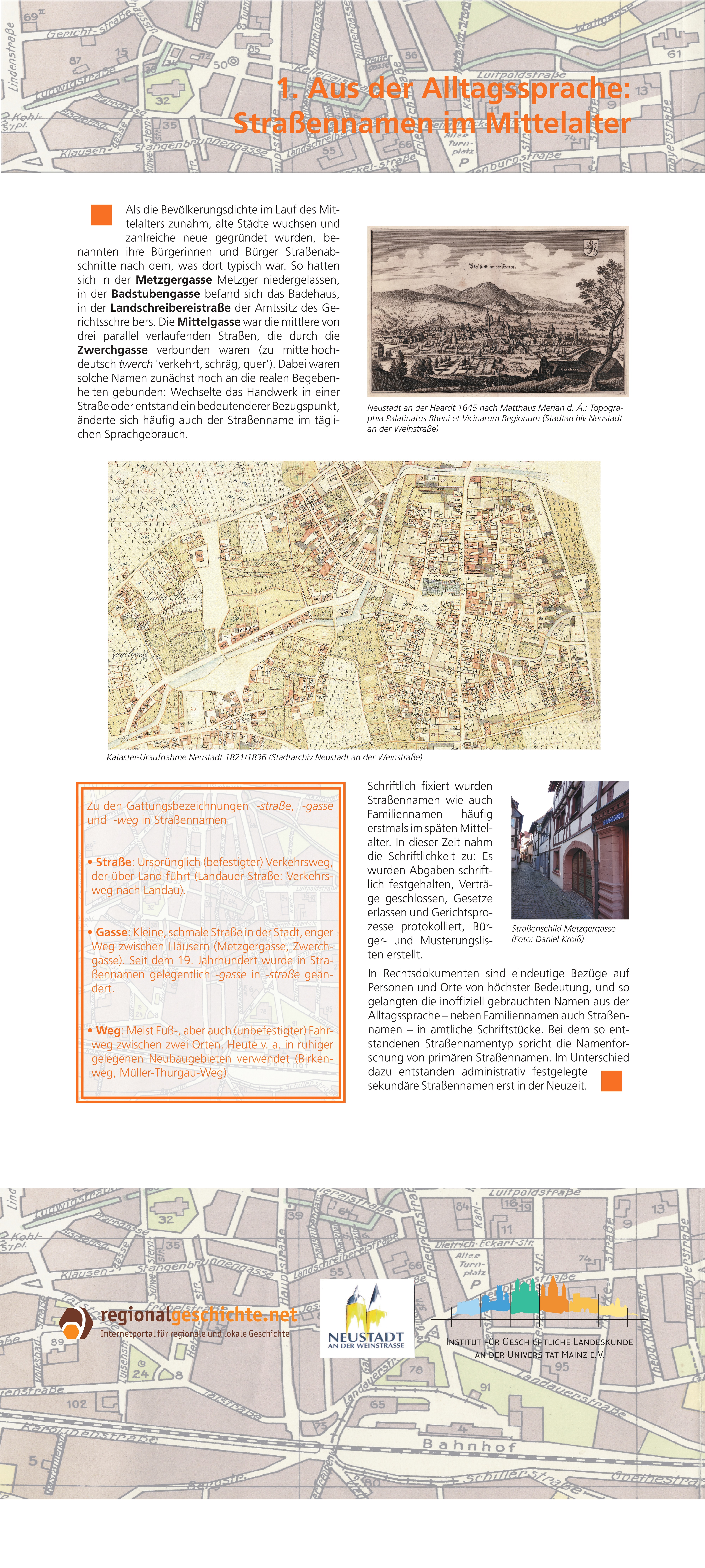 Bild vergr&ouml;&szlig;ern: Erklärungstafel aus der Ausstellung »Projekt Straßennamen«: Aus der Alltagssprache: Straßennamen im Mittelalter.