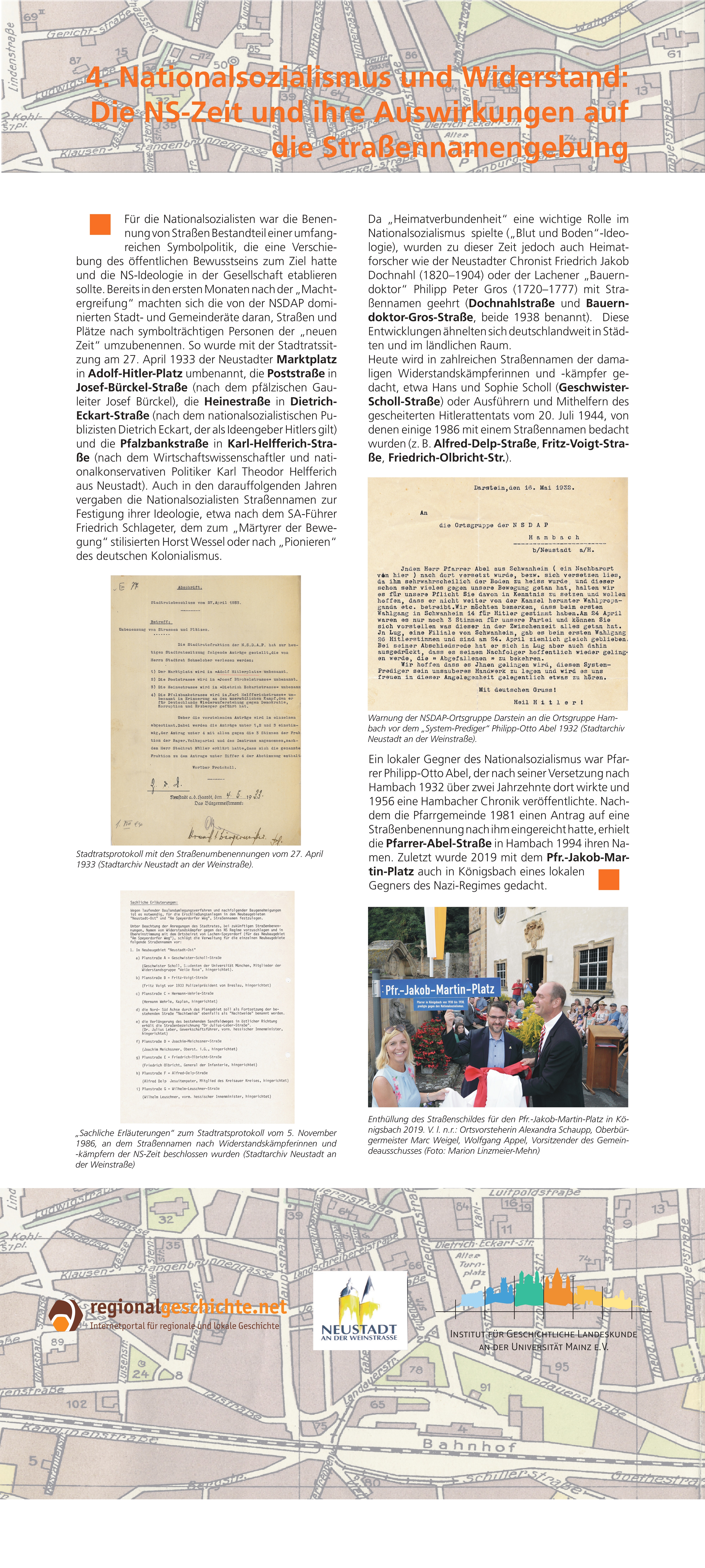 Bild vergr&ouml;&szlig;ern: Erläuterungstafel zur Ausstellung "Projekt Straßennamen": Nationalsozialismus und Widerstand: Die NS-Zeit und ihre Auswirkungen auf die Straßennamengebung.