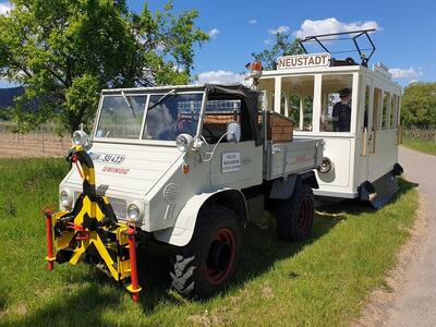 Bild vergr&ouml;&szlig;ern: Ein weißer Unimog zieht einen Wagon-Nachbau der Pfälzer Oberlandbahn "Die Schneck".