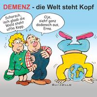 Bild vergr&ouml;&szlig;ern: Das Bild zeigt einen Comic des Neustadter Zeichners Steffen Boiselle: Ein älteres Ehepaar unterhält sich. Die Dame sagt zu dem Mann auf Pfälzisch "Schorsch, isch glaab, die Welt steht uffm Kopp". Ihr Mann erwidert "Oje, sieht ganz dodenoch aus, Erna." Beide blicken auf eine Person, die einen Kopfstand macht. Anstelle des Kopfes ist jedoch eine Weltkugel zu sehen.