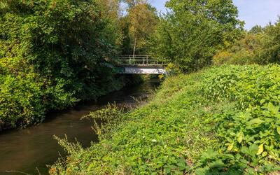 Bild vergr&ouml;&szlig;ern: Der Speyerbach fließt in einer Betonrinne durch das Gelände der zukünftigen Landesgartenschau 2027 Neustadt an der Weinstraße