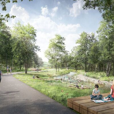 Bild vergr&ouml;&szlig;ern: Visualisierung des renaturierten Speyerbachs auf dem Gelände der Landesgartenschau 2027 Neustadt an der Weinstraße