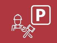Bild vergr&ouml;&szlig;ern: Icon eines Handwerkers mit seinem Werkzeug und einem P, das symbolisch für das Parken steht. Beide Icons sind auf einem roten Hintergrund abgebildet. Das Bild verlinkt zu weiteren Informationen zum Handwerkerparkausweis in Neustadt an der Weinstraße.