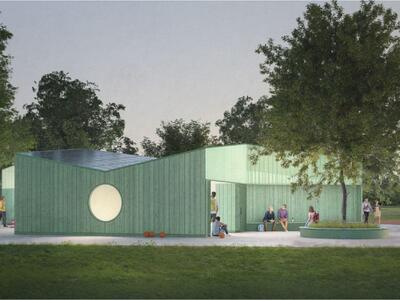 Bild vergr&ouml;&szlig;ern: Visualisierung des Sportpavillons auf dem Gelände der Landesgartenschau 2027 Neustadt an der Weinstraße