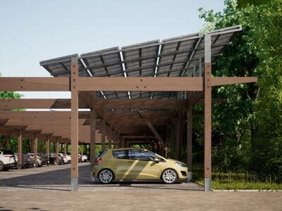 Bild vergr&ouml;&szlig;ern: Visualisierung eines überdachten Parkplatzes mit PV-Modulen