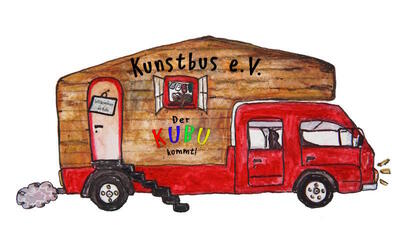 Bild vergr&ouml;&szlig;ern: Logo des Kunstbus e.V.. Ein gezeichneter roter Bus mit einem hölzernen Aufbau.