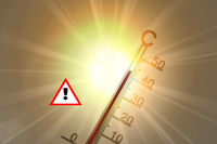 Bild vergr&ouml;&szlig;ern: Thermometer, das vor die Sonne gehalten wird und Temperaturen von über 40 Grad Celsius zeigt. Das Bild verlinkt zu Informationen zum Thema Sommerlicher Hitzeschutz in Neustadt an der Weinstraße.