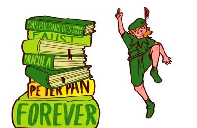 Bild vergr&ouml;&szlig;ern: Zeichnung von einem Bücherstapel und Peter Pan