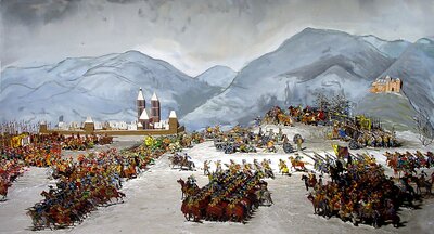 Bild vergr&ouml;&szlig;ern: Diorama: Die katholischen Spanier (links) stellten sich vor den Stadttoren Neustadts den protestantischen Schweden (rechts) entgegen.