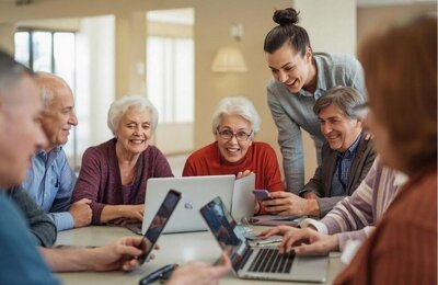 Eine Gruppe von Seniorinnen und Senioren mit ihren Laptops und Smartphones. Eine jüngere Frau hilft ihnen bei der Bedienung der Geräte.