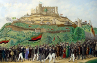 Bild vergr&ouml;&szlig;ern: Der Hambacher Festzug. Kolorierte Lithographie von Chr. Heineld