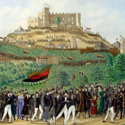 Bild vergr&ouml;&szlig;ern: Der Hambacher Festzug. Kolorierte Lithographie von Chr. Heineld