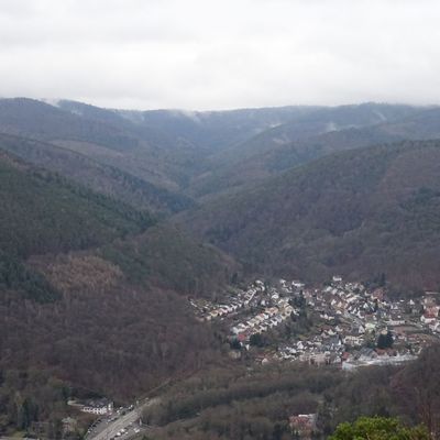 Bild vergrößern: Blick von oben in ein Tal mit Häusersiedlung
im Hintergrund Pfälzerwald