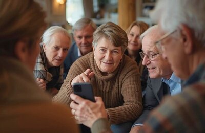 Eine Gruppe von Seniorinnen und Senioren mit einem Smartphone. Eine jüngere Frau hilft ihnen bei der Bedienung.