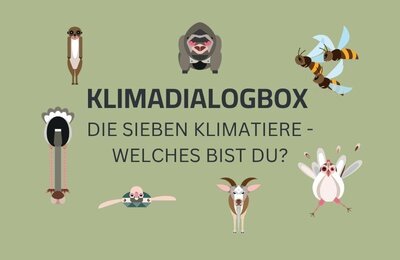 Grüner Hintergrund, auf denen die sieben Klimatiere abgebildet sind: Biene, Gorilla, Vogel Strauß, Erdmännchen, Schildkröte, Huhn, Ziege. In der Mitte stehen die Worte "Klimadialogbox: Die sieben Klimatiere – welches bist  du?"