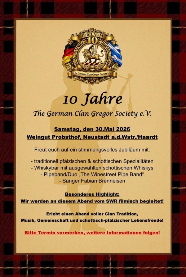 Bild vergr&ouml;&szlig;ern: Flyer 1. Pfälzisch-Schottisches Freundschaftsfest am 30.05.2026 ab 17:00 Uhr im Weingut Probsthof.