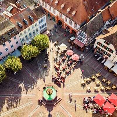 Bild vergr&ouml;&szlig;ern: Blick vom Stiftskirchenturm auf den Marktplatz in Neustadt an der Weinstraße von oben
